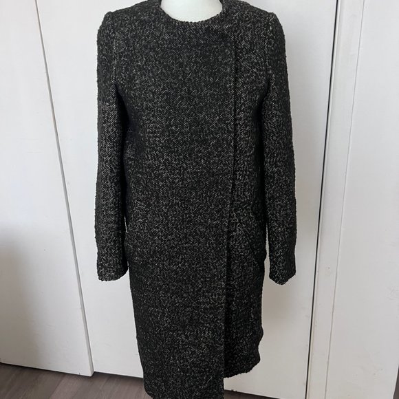 H&M Wool Blend Topcoat 2 Woven Black Formal Pockets Peacoat Collarless - Picture 2 of 5